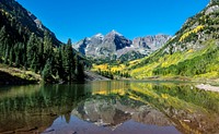 Autumnal view of Rocky Mountain peaks called the Maroon Bells, between Pitkin County and Gunnison County, Colorado. Original image from <a href="https://www.rawpixel.com/search/carol%20m.%20highsmith?sort=curated&amp;page=1">Carol M. Highsmith</a>&rsquo;s America, Library of Congress collection. Digitally enhanced by rawpixel.