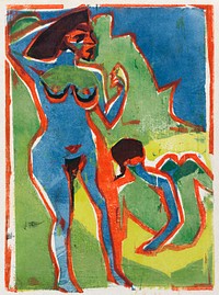 Bathing Women - Moritzburg (1910) print in high resolution by Ernst Ludwig Kirchner. Original from Yale University Art Gallery. Digitally enhanced by rawpixel.