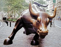 Wall Street charging bull in New York, Original image from <a href="https://www.rawpixel.com/search/carol%20m.%20highsmith?sort=curated&amp;page=1">Carol M. Highsmith</a>&rsquo;s America, Library of Congress collection. Digitally enhanced by rawpixel.
