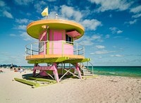 South Beach lifeguard stands at Miami Beach, Florida, a. Original image from Carol M. Highsmith’s America, Library of Congress collection. Digitally enhanced by rawpixel.