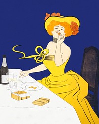 Woman in yellow dress eating cookies, remixed from artworks by Leonetto Cappiello