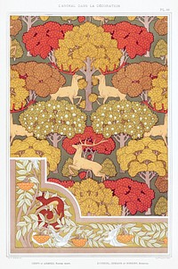 Cerfs et arbres, papier peint. &Eacute;cureuil oiseaux et sorbier, bordure from L&#39;animal dans la d&eacute;coration (1897) illustrated by <a href="https://www.rawpixel.com/search/Maurice%20Pillard%20Verneuil?sort=curated&amp;type=all&amp;page=1">Maurice Pillard Verneuil</a>. Original from the The New York Public Library. Digitally enhanced by rawpixel.