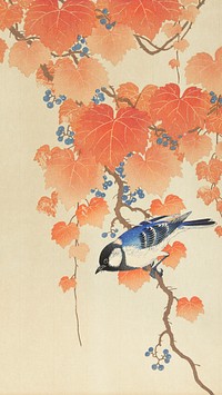 Ohara Koson iPhone wallpaper, phone background, Great tit on paulownia branch Japanese print