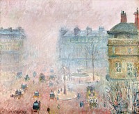 Place du Theatre Francais: Fog Effect (1897) painting in high resolution by <a href="https://www.rawpixel.com/search/Camille%20Pissarro?sort=curated&amp;page=1">Camille Pissarro</a>. Original from the Dallas Museum of Art. Digitally enhanced by rawpixel.