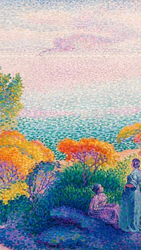 Vintage art mobile wallpaper, iPhone background, Two Women by the Shore by Henri-Edmond Cross