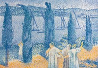 The Promenade; Landscape with Cypresses (1897) painting in high resolution by Henri-Edmond Cross. Original from The Cleveland Museum of Art. Digitally enhanced by rawpixel.