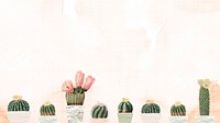 Vintage green cactus with flower on stained paper background design element