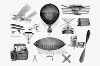 Aerial machines collage element, hand drawn illustration psd