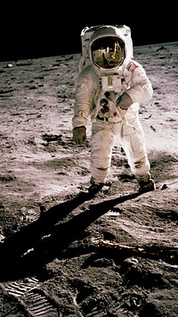 Astronaut mobile wallpaper, iPhone background, Edwin Aldrin walking on the lunar surface, remix from the artwork of NASA