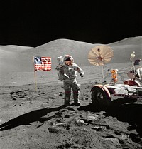 Astronaut Eugene A. Cernan, walks toward the Lunar Roving Vehicle during extravehicular activity at the Taurus-Littrow landing site of NASA&#39;s sixth and final Apollo lunar landing mission. Original from NASA. Digitally enhanced by rawpixel.