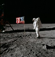 Astronaut Edwin E. Aldrin Jr., beside the deployed United States flag during an Apollo 11 extravehicular activity on the lunar surface. Original from NASA. Digitally enhanced by rawpixel.