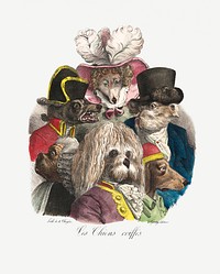 Dogs in victorian costumes illustration
