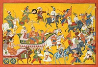 King Dasaratha and His Retinue Proceed to Rama&#39;s Wedding: Folio from the Shangri Ramayana Series (Style II) (ca. 1690&ndash;1710). Original from The MET Museum. Digitally enhanced by rawpixel.