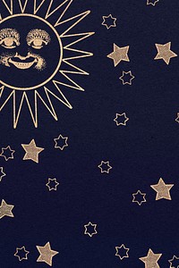 Gold celestial sun face and stars pattern on black background design element