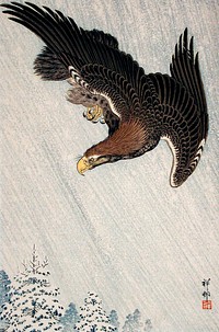 Eagle Flying in Snow (1933) by <a href="https://www.rawpixel.com/search/Ohara%20Koson?sort=curated&amp;page=1">Ohara Koson</a>. Original from the Los Angeles County Museum of Art. Digitally enhanced by rawpixel.