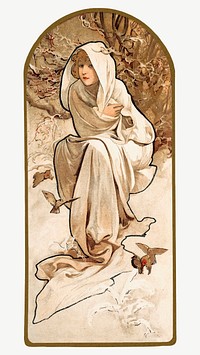 Art nouveau winter woman vector, remixed from the artworks of <a href="https://www.rawpixel.com/search/Alphonse%20Maria%20Mucha?sort=curated&amp;page=1">Alphonse Maria Mucha</a>
