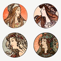 Lady art nouveau illustration vector set, remixed from the artworks of Alphonse Maria Mucha