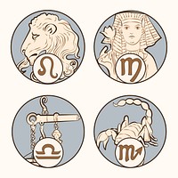 Art nouveau leo, virgo, libra and scorpio zodiac signs vector, remixed from the artworks of <a href="https://www.rawpixel.com/search/Alphonse%20Maria%20Mucha?sort=curated&amp;page=1">Alphonse Maria Mucha</a>