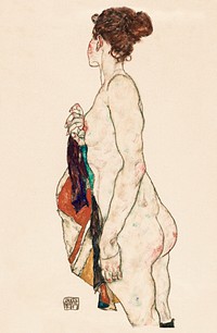 Standing Nude woman with a Patterned Robe (1917) by <a href="https://www.rawpixel.com/search/Egon%20Schiele?sort=curated&amp;freecc0=1&amp;page=1">Egon Schiele</a>. Original female line art drawing female painting from The MET museum. Digitally enhanced by rawpixel.