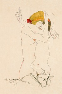 Two Women Embracing (1913) by <a href="https://www.rawpixel.com/search/Egon%20Schiele?sort=curated&amp;freecc0=1&amp;page=1">Egon Schiele</a>. Original female line art drawing from The MET museum. Digitally enhanced by rawpixel.