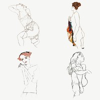 Vintage woman line art drawing vector set remixed from the artworks of Egon Schiele.