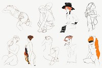 Vintage woman line art drawing vector set remixed from the artworks of Egon Schiele.