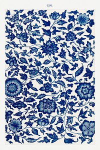 Blue flower pattern, Examples of Chinese Ornament selected from objects in the South Kensington Museum and other collections by Owen Jones. Digitally enhanced plate from our own original 1867 edition of the book.