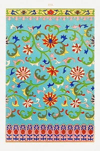 Colorful floral pattern, Examples of Chinese Ornament selected from objects in the South Kensington Museum and other collections by Owen Jones. Digitally enhanced plate from our own original 1867 edition of the book.