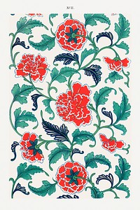 Red floral pattern, Examples of Chinese Ornament selected from objects in the South Kensington Museum and other collections by Owen Jones. Digitally enhanced plate from our own original 1867 edition of the book.