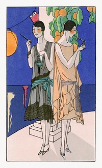 Two young women smoking cigarettes through a cigarette holder (1926) fashion illustration in high resolution by Premet and George Doeuillet. Original from the Rijksmuseum. Digitally enhanced by rawpixel.