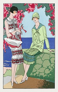 Two women in summer dresses (1926) fashion illustration in high resolution by Martial et Armand and Lucien Lelong. Original from the Rijksmuseum. Digitally enhanced by rawpixel.