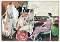 View of the stage and orchestra pit of the Opera-Comique (1924) fashion illustration in high resolution by Edward Henry Molyneux, Gustav Beer and Premet. Original from the Rijksmuseum. Digitally enhanced by rawpixel.