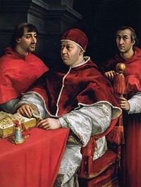 Raphael's Portrait of Pope Leo X and his cousins, cardinals Giulio de' Medici and Luigi de' Rossi (ca. 1518&ndash;1519) famous painting. Original from Wikimedia Commons. Digitally enhanced by rawpixel.