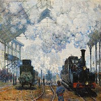 Claude Monet's Arrival of the Normandy Train (1877) famous painting. Original from Wikimedia Commons. Digitally enhanced by rawpixel.