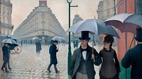 Vintage art desktop wallpaper, background painting, Paris Street Rainy Day, remix from the artwork of Gustave Caillebotte
