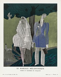 The melancholy marriage, Modes et Mani&egrave;res de Torquate (1921) fashion plate in high resolution by <a href="https://www.rawpixel.com/search/Charles%20Martin?sort=curated&amp;page=1&amp;topic_group=_my_topics">Charles Martin</a>, published in Gazette du Bon Ton. Original from The Rijksmuseum. Digitally enhanced by rawpixel.