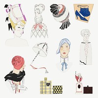 Woman and beauty item vector set, featuring public domain artworks
