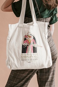 White tote bag psd mockup with woman illustration remix from the artworks by Garcia Calderon