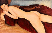 Amedeo Modigliani&#39;s Reclining Nude from the Back (1917), naked woman posing sexually and showing her bum, vintage art. Original from Barnes Foundation. Digitally enhanced by rawpixel.
