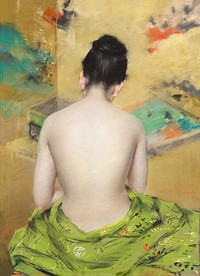 Naked Japanese woman posing sensually with a kimono, vintage erotic art. Study of Flesh Color and Gold (1888) by <a href="https://www.rawpixel.com/search/William%20Merritt%20Chase?sort=curated&amp;page=1">William Merritt Chase</a>. Original from The National Gallery of Art. Digitally enhanced by rawpixel.