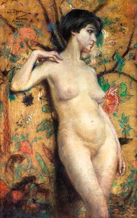 Naked woman showing her breasts, vintage erotic art. Nude against Screen (1911) by Alice Pike Barney. Original from The Smithsonian. Digitally enhanced by rawpixel.