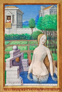Naked woman showing her breasts, vintage nude illustration. Bathsheba Bathing (1498&ndash;1499) by <a href="http://www.getty.edu/art/collection/artists/1144/jean-bourdichon-french-1457-1521/">Jean Bourdichon</a>. Original from The J. Paul Getty Museum. Digitally enhanced by rawpixel.