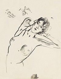 Naked woman showing her breasts, vintage nude illustration. Vrouwelijk naakt (1875&ndash;1934) by Isaac Israels. Original from The Rijksmuseum. Digitally enhanced by rawpixel.
