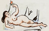 Naked woman showing her breasts, vintage nude illustration. Reclining Nude by <a href="https://www.rawpixel.com/search/Carl%20Newman?sort=curated&amp;page=1">Carl Newman</a>. Original from The Smithsonian. Digitally enhanced by rawpixel.