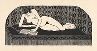 Naked woman showing her breasts, vintage nude illustration. Lezen (Liggend naakt, een boek lezend) (1913) by <a href="https://www.rawpixel.com/search/Samuel%20Jessurun%20de%20Mesquita?sort=downloads&amp;page=1">Samuel Jessurun de Mesquita</a>. Original from The Rijksmuseum. Digitally enhanced by rawpixel.