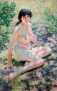Seated nude lady. July (1893) painting in high resolution by Otto H. Bacher. Original from The Cleveland Museum of Art. Digitally enhanced by rawpixel.