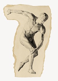 Naked man illustration, vintage vintage artwork, ripped paper badge