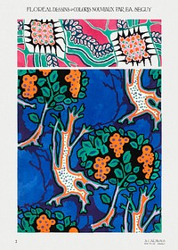 Floral colorful background, vintage art deco & art nouveau background, plate no. 2. Digitally enhanced from our own original edition of Floréal: dessins and coloris nouveaux, Emile-Alain Séguy (1925).