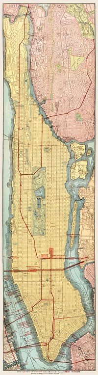 Rapid transit map of Manhattan and adjacent districts of New York City (1908) by Rand McNally and Company. Original from Library of Congress. Digitally enhanced by rawpixel.