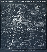 Map of Zeppelin and aeroplane bombs on London. From: World War I photograph album (1919) by Herbert Green. Original from Museum of New Zealand. Digitally enhanced by rawpixel.